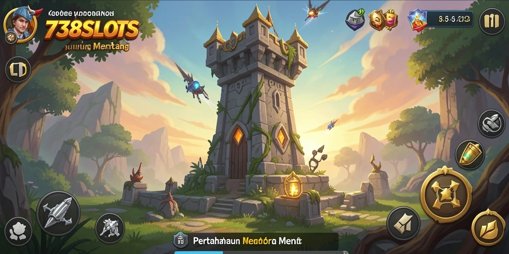 Screenshot gameplay 738SLOTS dengan menara pertahanan yang strategis.