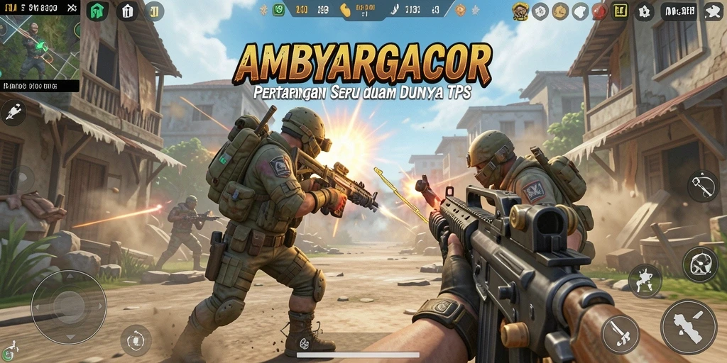 Screenshot gameplay AMBYARGACOR dengan aksi tembak-menembak yang seru.