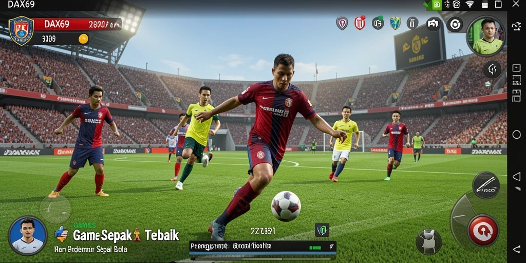 Screenshot dari gameplay DAX69 yang menunjukkan aksi sepak bola yang menantang.